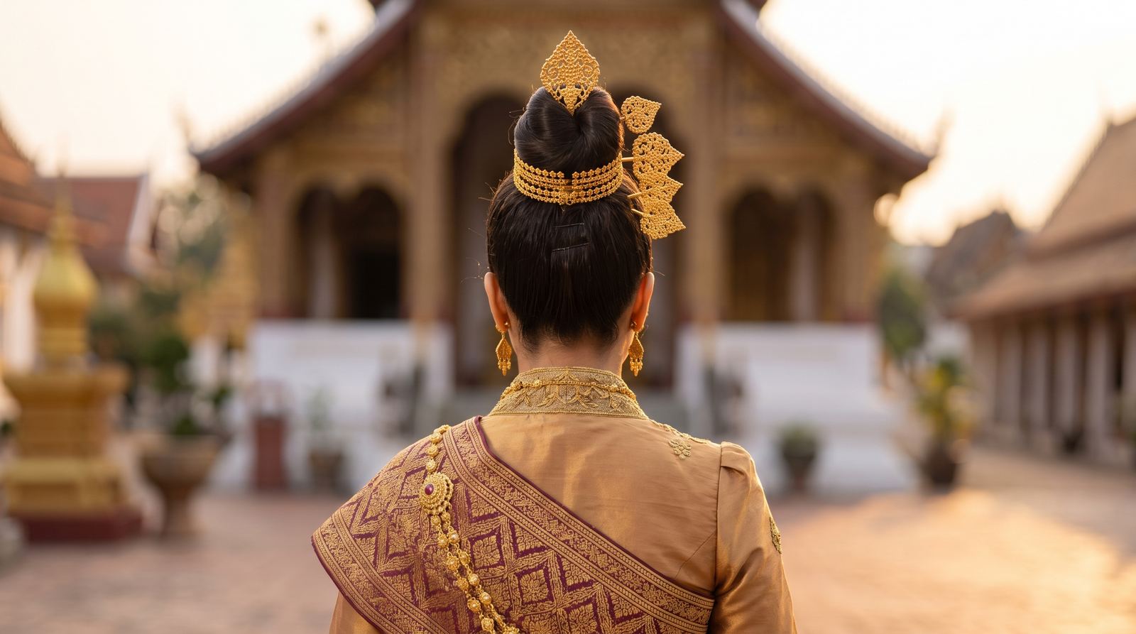 Miss HR viewed from behind before a temple